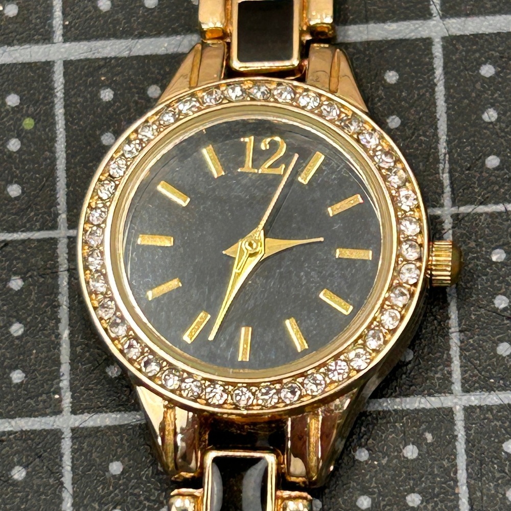 Accutime Watch Corp Womens Gold Tone Rhinestone Black Dial Analog Quartz Watch‎